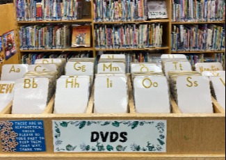 Alphabetized placards organizing DVD plastics.